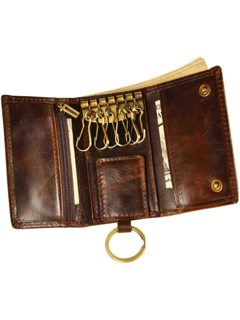 Genuine Leather Men's Key Case with Loop Hook & Coin Pocket - Snap Closure